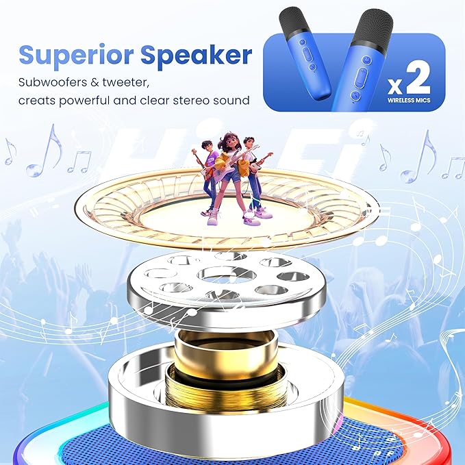 Karaoke Machine for Kids Adults, Portable Bluetooth Speaker with 2 Wireless Karaoke Microphones Player, 2026 TOP Birthday for Girls Boys 3,4,5,6,7,8+Year Old Toddler Kids Toys(Deepblue)