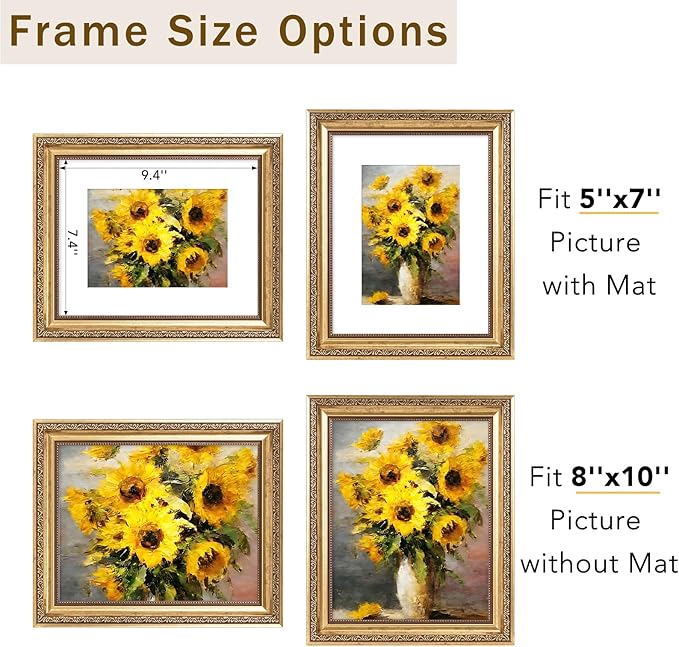 8x10 Vintage Picture Frame with 5x7 Mat Set of 2, Elegant Retro 8 by 10 Photo Frame with Shatter-Resistant Plexiglass for Wall or Tabletop Display, Gallery Decor & Gift, Gold, 2 Pack