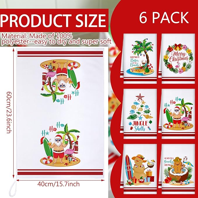 Preboun 6 Pcs Beach Christmas Kitchen Towels Hawaii Tropical Decorative Hand Towels Santa Gingerbread Man Merry Christmas Dish Cloth Farmhouse Tea Cloth Bathroom Decor