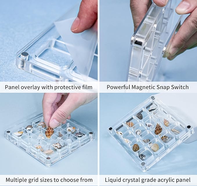 Multi-Style Clear Acrylic Magnetic Seashell Display Collecting Box, Acrylic Shadow Box for Tiny Treasure Hunting Seashell Holder Display Grid Cabinet Case Box,Display Seashell Jewelry Crystal