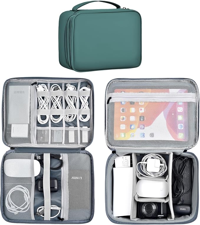 Large Capacity Electronics Accessories Organizer Travel Case with Adjustable Divider Waterproof Leather Cord Shockproof Tech Organizer Bag(Deep Green, Double Layer-Large)