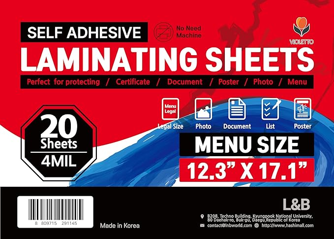 VIOLETTO Self Adhesive Laminating Sheets 12.3x17.1 inch, 20 Pack, 4mil Thickness, No-Machine Needed, QuickPeel, Instashield, Stick&GO (20 Sheets, Menu Size 4mil)