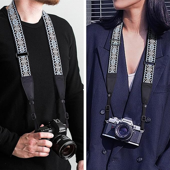 Padwa Lifestyle Adjustable Camera Strap - 1.5" Full Grain Leather Ends Camera Straps for Photographers, Adjustable Neck Shoulder & Crossbody Cotton Strap Quick Release for Cameras and Binoculars