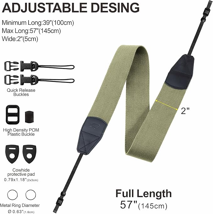 Padwa Lifestyle Light Green Camera Strap - 2" Wide Cotton Woven Genuine Leather Head Camera Straps,Complimentary 2 Pcs Quick Release Clips for All DSLR/SLR Cameras, Binoculars and Drone Remote Control