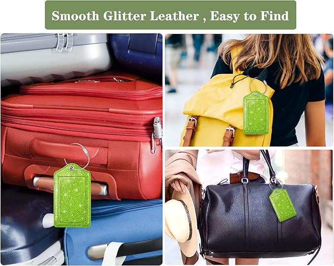 (Set of 2) Luggage Tag Leather Privacy Cover ID Label Address Card with Stainless Steel Loop, Travel Bag Tags Suitcase Labels, Glitter Chartreuse