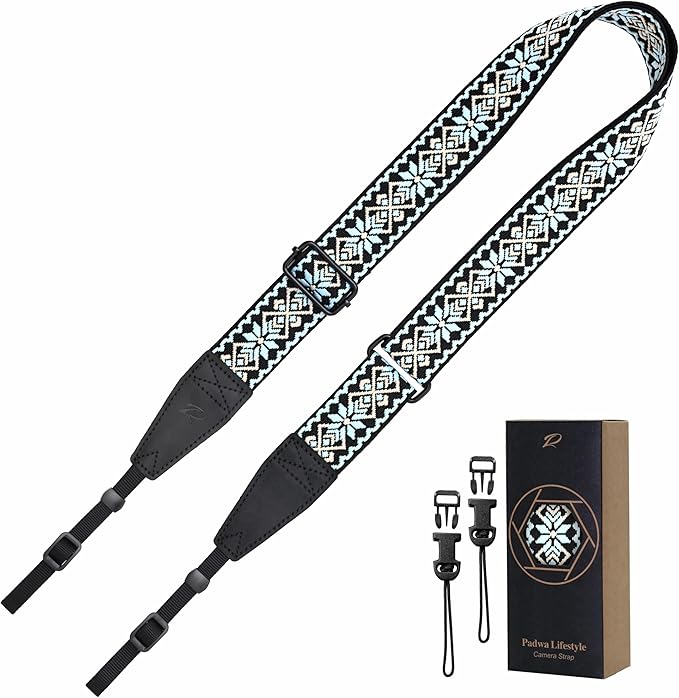 Padwa Lifestyle Adjustable Camera Strap - 1.5" Full Grain Leather Ends Camera Straps for Photographers, Adjustable Neck Shoulder & Crossbody Cotton Strap Quick Release for Cameras and Binoculars