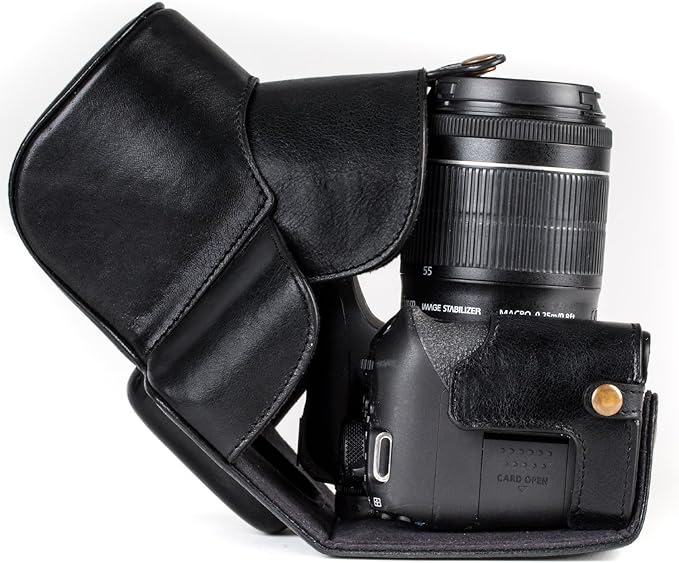 MegaGear MG1192 Ever Ready Genuine Leather Camera Case Compatible with Canon EOS Rebel T8i, Kiss X10i, Rebel T7i, Kiss X9i, 77D, 9000D (18-55mm), Black