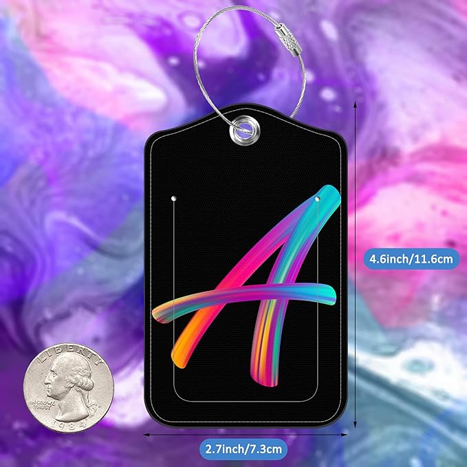 Luggage Tags for Suitcase,2 Pack Neon Colorful Letters Luggage Tags,Leather Baggage Tags Identifiers with Privacy Name Address Labels and Metal Loop for Women Men Girls Travel,Letter A