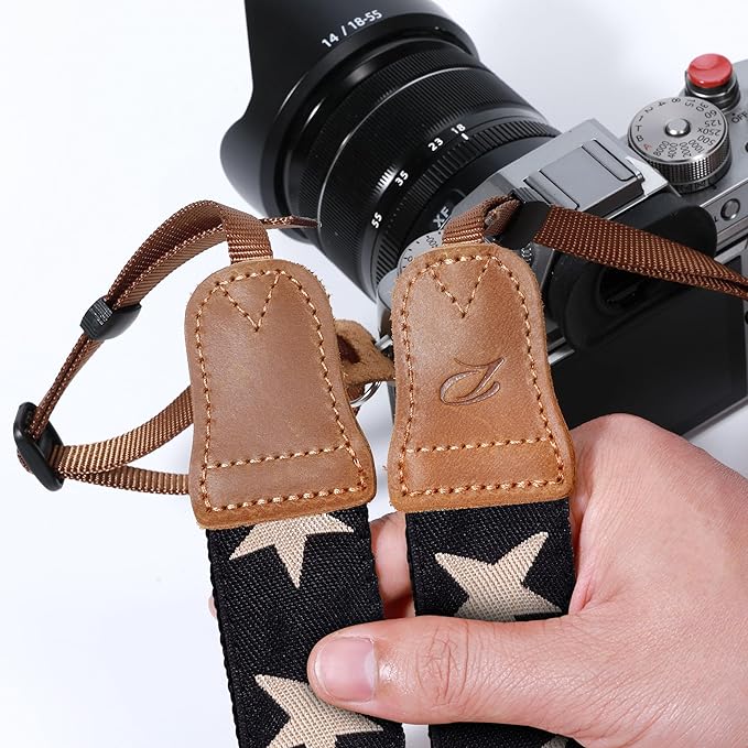 Padwa Lifestyle Pentagram Camera Strap - 1.5" Embroidered Star Cotton Crazy Horse Cowhide Head Camera Straps for Photographers and All Cameras,Cute Adjustable Vintage Woven Strap