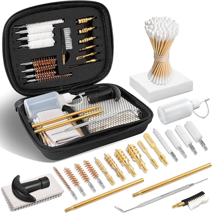 GLORYFIRE Gun Cleaning Kit Fits .22 .357/9mm .38 .40 .45 Cal Universal Handguns & Pistols Compact Carrying Case for Portability Multiple Styles with Brass or Plastic Jags & Tips for Shooting and Range