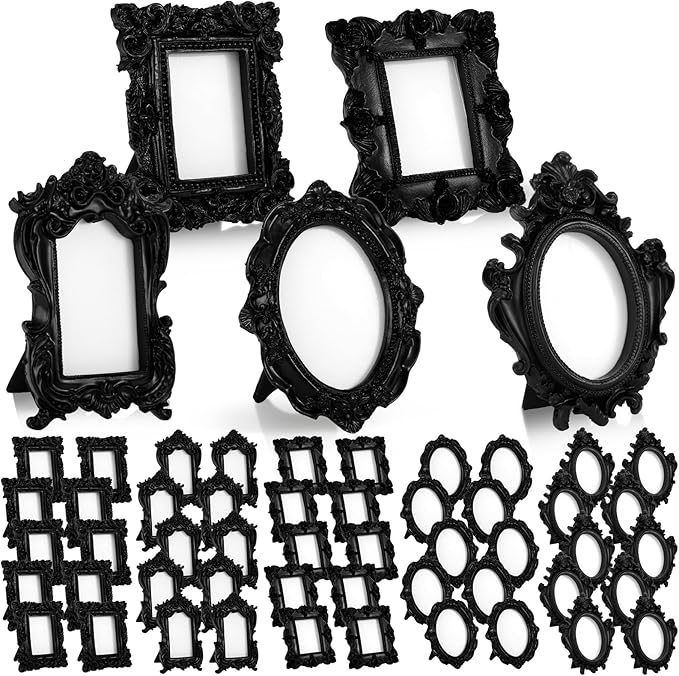 Maitys 50 Pcs Mini Picture Vintage Frames with Stands Tiny Antique Photo Baroque Ornate Resin Oval Frame Table Top Display Home Wedding Decor (Black)
