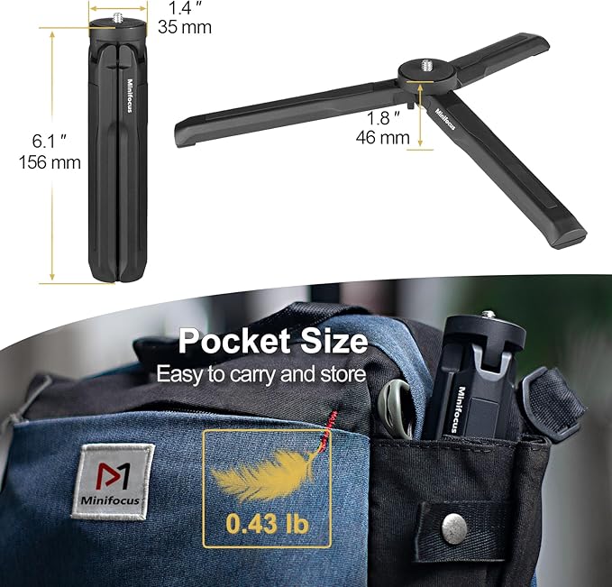 MINIFOCUS Aluminum Mini Tripod, Tabletop Handheld Tripods with 1/4'' and 3/8'' Screw, Portable Mini Travel Stand, Phone Holder for Gimbal Stabilizer DSLR Camera and Monopod