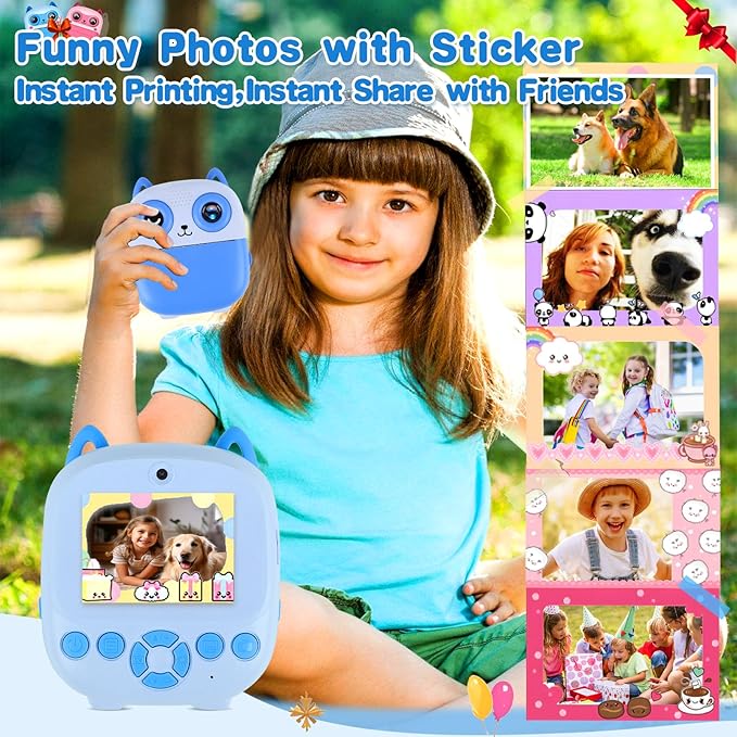 Kids Camera Instant Print, 32G 1080P HD Dual-Lens Selfie Digital Cameras, Christmas Birthday Gifts for Girls Boys, Toddler Portable Toys for 3 4 5 6 7 8 9 10 Year Old Girl-Blue