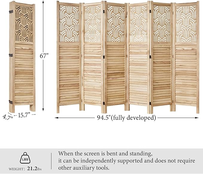 Folding Room Divider, 66.9 Inch 6 Panels Wood Carved Privacy Screens, Free Assembled Freestanding Portable Separation Wall for Home Office Bedroom (Natural)