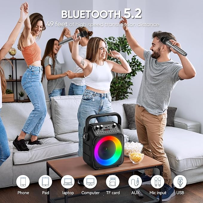 Karaoke Machine, Portable Bluetooth Speaker with 3 Wireless Microphones for Adults & Kids with Lights, Karaoke Microphone with PA System Supports USB/TF/FM/AUX for Home Party Home System Packages