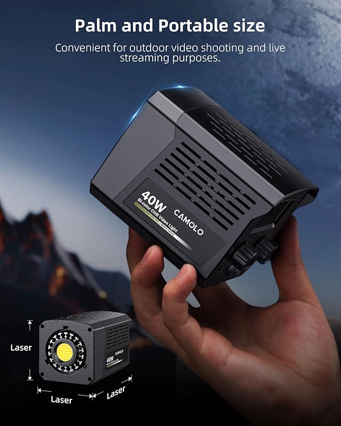 Portable 40W LED Video Light with 3400mAh Build-in Battery, COB Continuous Output Lighting Handheld Spotlight 2500K-6500K for Video 12000 LUM(0.5M)