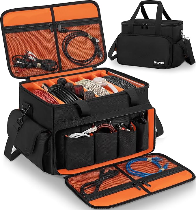 DJ Cable File Bag With Adjustable Dividers, Dj Gig Bag for Cables, Cords, DJ Gear, Sound Instrument and Accessories, Cable Organizer Bag 16L x 11W x 12H inch