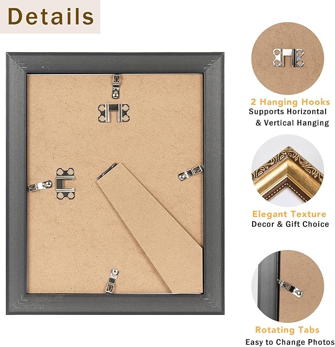 8x10 Vintage Picture Frame with 5x7 Mat Set of 2, Elegant Retro 8 by 10 Photo Frame with Shatter-Resistant Plexiglass for Wall or Tabletop Display, Gallery Decor & Gift, Gold, 2 Pack