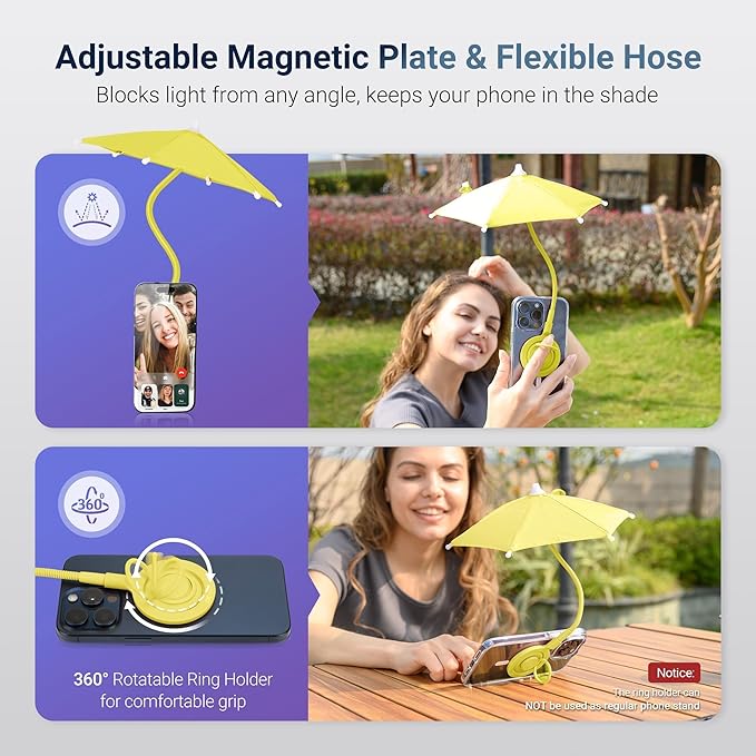 Magnetic Cell Phone Umbrella for Sun,Universal Cute Phone Sunshade Shield Cover with 360°Adjustable & Rotatable Phone Ring,Outdoor Anti-reflective Phone Sun Visor for Magsafe Cell Phone/Android/Kindle