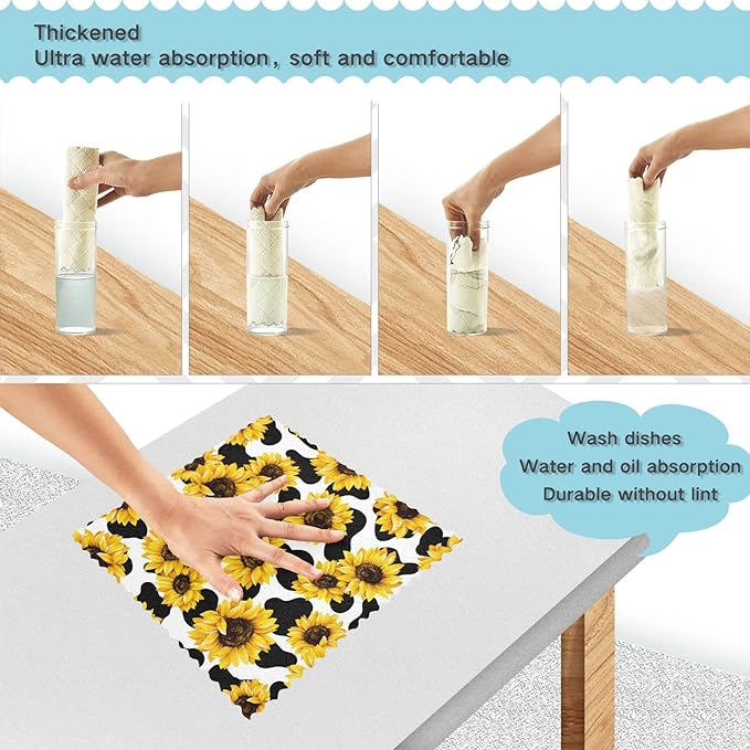 CaTaKu Sunflower Cow Kitchen Dish Cloths for Washing Dishes Reusable Cleaning Cloth Dish Towels Microfiber Washcloths Dish Rags for Kitchen, 6 Pack