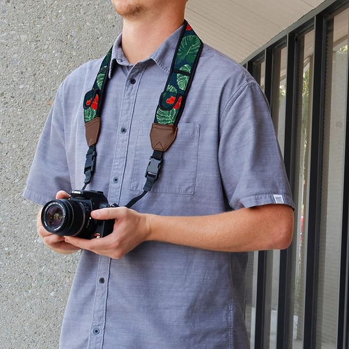 USA Gear TrueSHOT Camera Strap Neoprene Camera Straps - Padded Neck Strap, Pockets, and Quick Release Buckles - Compatible with Canon, Nikon, Sony and More DSLR and Mirrorless Cameras (Tropical)