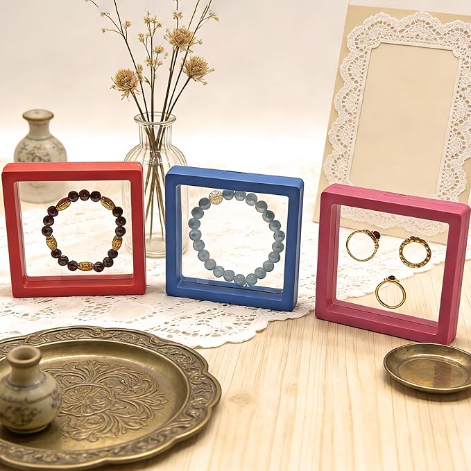 12PCS 3D Floating Frame Display Stand, Jewelry Box, Gift Box, Ornament Organizer, Small Travel Jewelry Box, PE Film Anti-Oxidation, Suspended Display Box Stackable (3.54*3.54，Type 3)