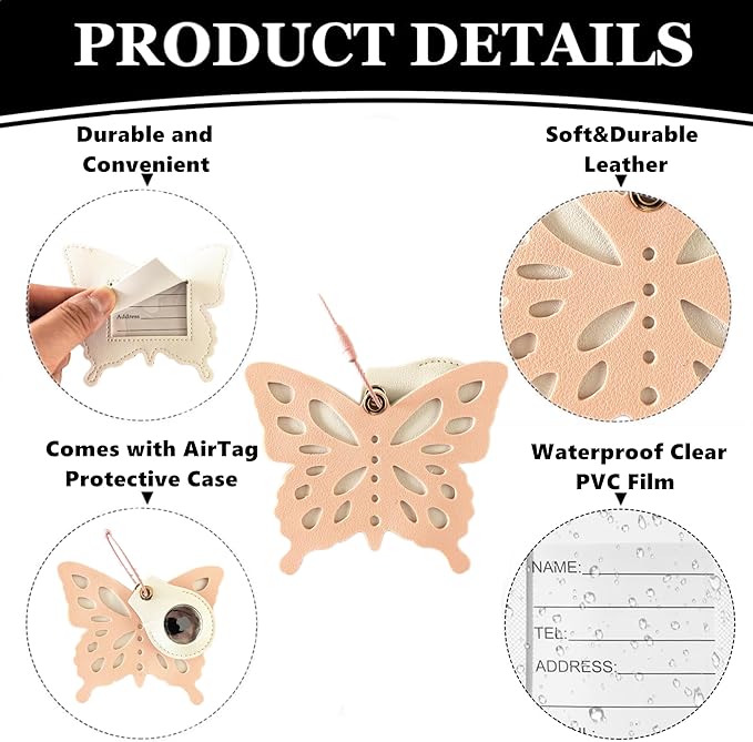 Cute Leather Luggage Tag Holder Case Compatible with AirTag,Hidden Compartment for Travel Suitcase Tracking Case with Stainless Steel Loop,Name ID Label(Butterfly B)