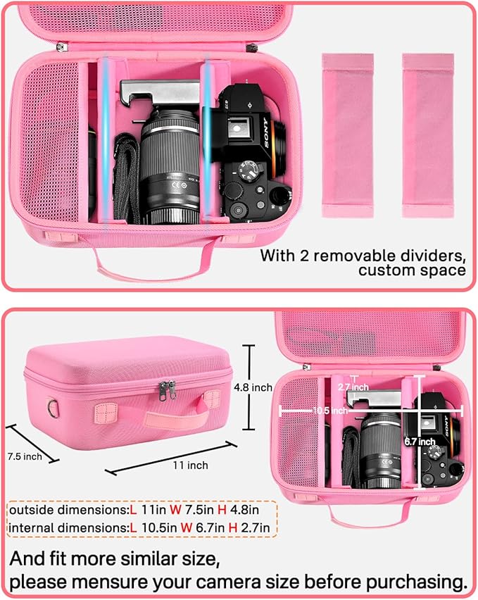 RAIACE Hard Case Compatible with Sony Alpha 7 II III IV/7R V Camera, for Nikon, for Canon, for Pentax and More. Large Capacity With Mesh Pocket for Lens, Charger, Cables, Cards and Accessories.-Pink