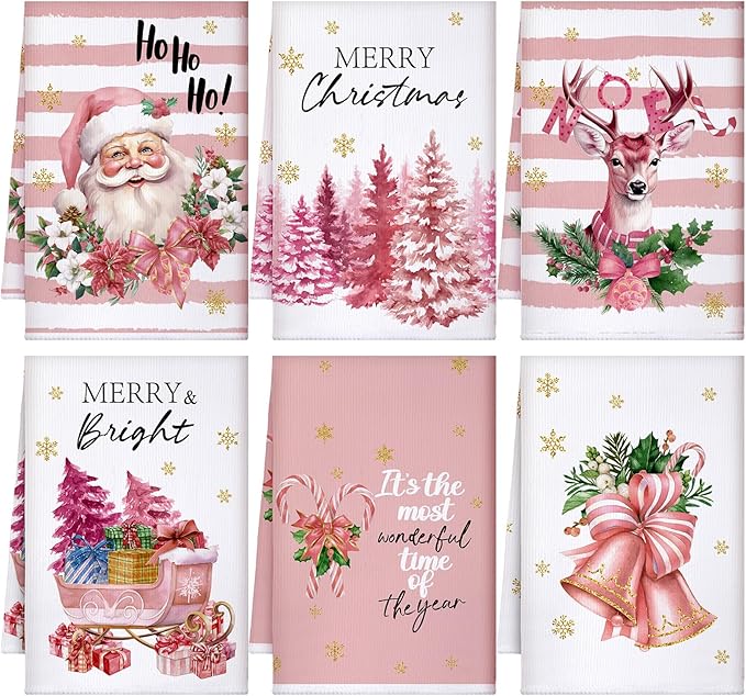 Preboun 6 Pcs Christmas Kitchen Towels Santa Reindeer Stripe Hand Towels Pink Farmhouse for Dish Xmas Tea Kitchen Bathroom Decor