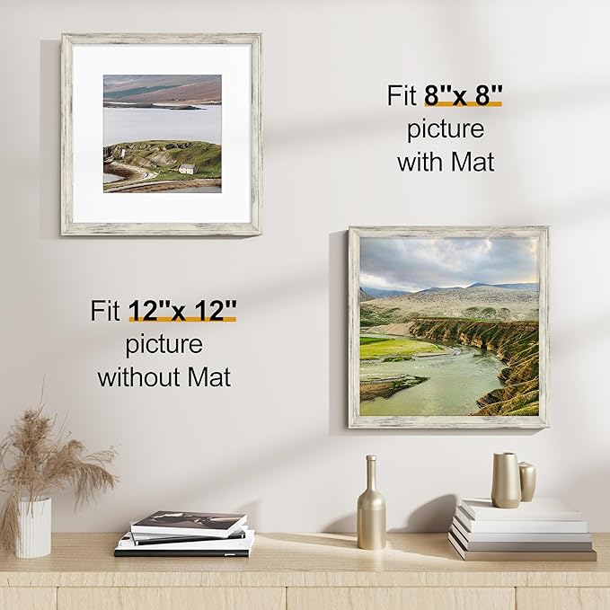 Vittanly 12x12 Picture Frames Set of 2, Ornate Vintage Photo Frame for Wall or Tabletop, Display 8x8 Pictures with Mat or 12x12 without Mat, Distressed White