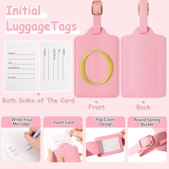 Initial Letter Luggage Tags for Suitcases, Personalized Embroidered Letter Luggage Bag Suitcase Identifier Name Tag, Cute PU Leather Travel Luggage Tags, Bag Tags for Luggage Handbags(Pink O)
