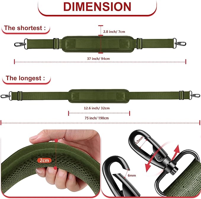 ZINZ 75" Shoulder Strap with Fixed Pad and Dual Balanced Buckles，Army Green
