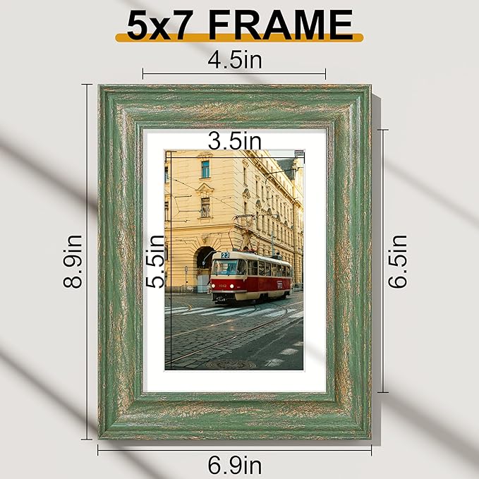Vittanly 5x7 Picture Frames Set of 2, Ornate Vintage Photo Frame for Wall or Tabletop, Display 4x6 Pictures with Mat or 5x7 without Mat, Rustic Green