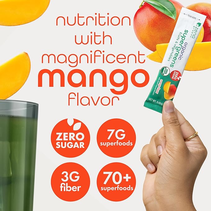 Zena Nutrition Organic Super Greens Powder, 70+ Superfoods, 0 Sugar, 3G Fiber, Spirulina, Chlorella, Mushrooms, Prebiotics/Probiotics, Digestive Enzymes for Gut Health, Mango, 30 Drink Mix Packets