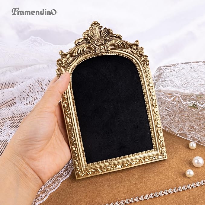 Framendino, Gold Resin Jewelry Display Stand Frame Organizer Vintage Velvet Storage Box for Necklace Earring Photography Props Women Gifts