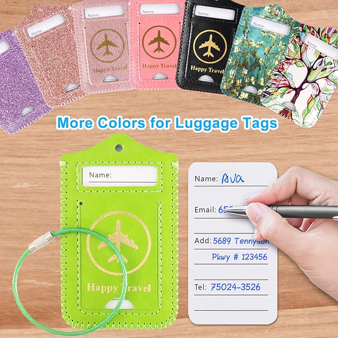 ACdream Luggage Tags 2 Pack, Leather Suitcase Tags Identifiers, Cute Cruise ID Labels with Privacy Cover fits on Backpack, Travel Bag, for Women, Men, Adults, Kids, Green