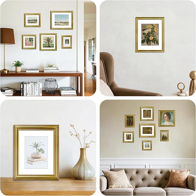 VIOLABBEY 8x10 Picture Frame Gold, Photo Frames, Fits Pictures 5x7 with Mat or 8 x 10 without Mat, Vintage Display for Tabletop and Wall