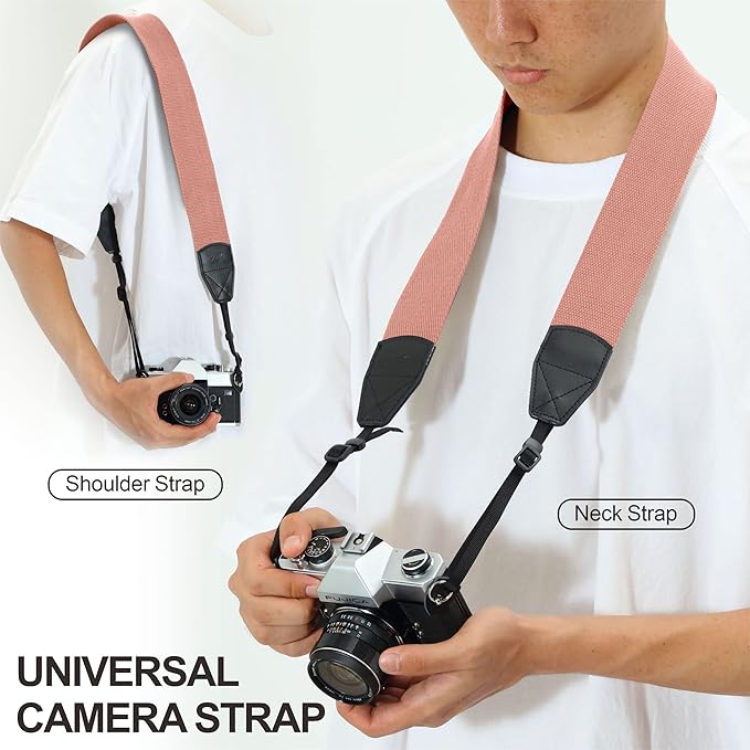 Padwa Lifestyle Pink Camera Strap - 2" Wide Cotton Woven Genuine Leather Head Camera Straps,Complimentary 2 Pcs Quick Release Clips for All DSLR/SLR Cameras, Binoculars and Drone Remote Control