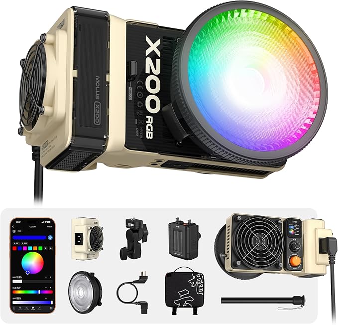 ZHIYUN MOLUS X200 RGB Combo 200W Video Light [Official] Handheld Professional Photography Lighting Portable Continuous Output Lighting Bowens Mount 2500K~10000K CRI≥95 TLCI≥97 Only 830g （No Battery）