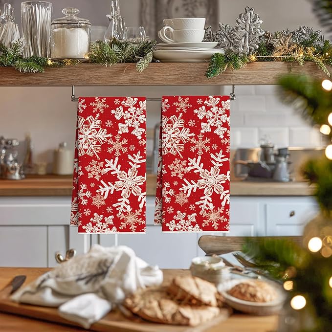 Artoid Mode Red Snowflakes Winter Kitchen Towels, 18x26 Inch Quick Dry Microfiber Cloth Dish Towels for Kitchen Drying Set of 2