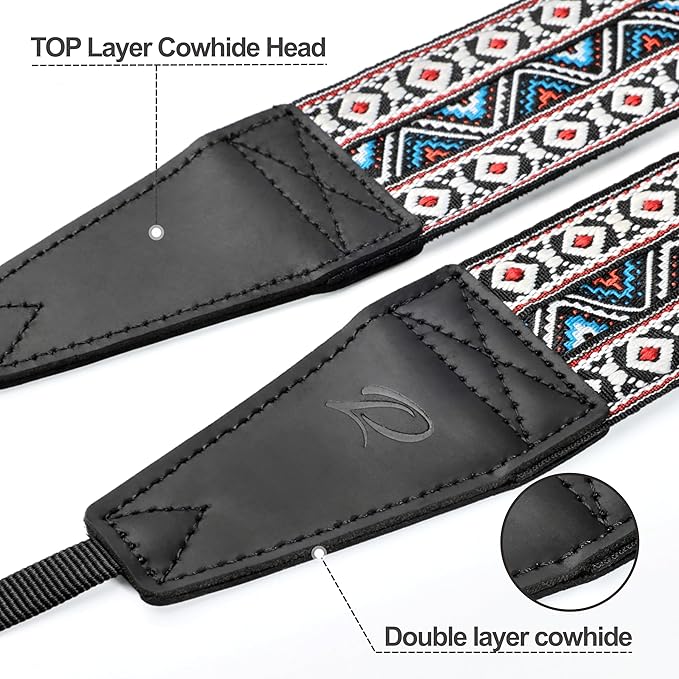 Padwa Lifestyle Boho White Camera Strap - 2" Full Grain Leather Ends Camera Straps for Photographers, Vintage Embroidered Cotton Weave Soft Suede Fabric Padded Strap Quick Release fits All Cameras