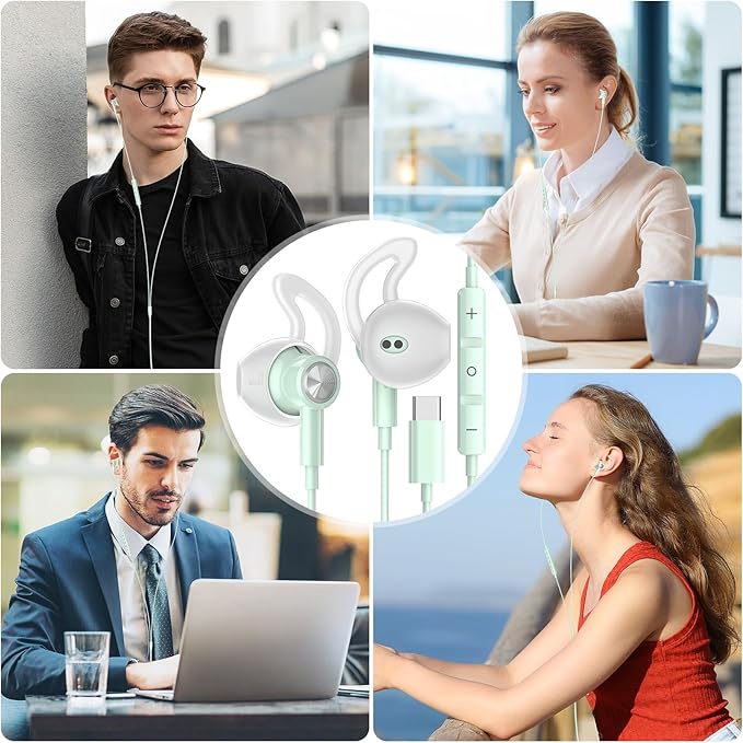 USB C Headphones for iPhone 17 Air 16 Pro Max 15, Type C Earphones with Microphone Magnet HiFi Stereo Wired Earbuds for Samsung Galaxy S26 S25 Ultra S24+ 23 A53 S21 S20 FE Flip 7 6 5/Pixel 10, Green