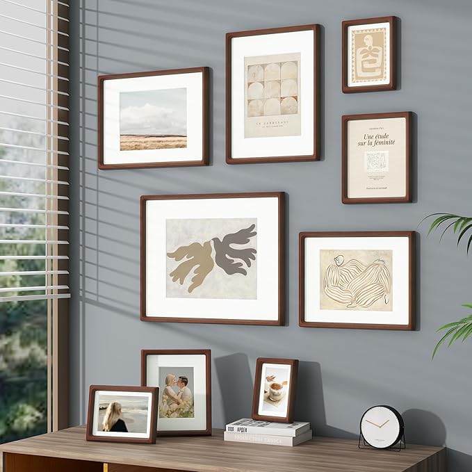 11x14 Picture Frame, USA-Sourced Natural Mahogany Wood Photo Frame with Tempered Glass, Handcrafted Rounded Corner 11 x 14 Wooden Frame Matted to 8x10 Photos, Hanging Hooks Included