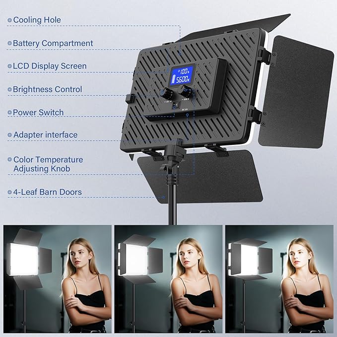 2 Pack Led Video Light Kit with Stand, Kmasic Photography Light Panel Built-in 8000mAh & LCD Display, 2200Lux 2500K-8500K Soft Studio Light for Video Recording Game Live Streaming YouTube TikTok