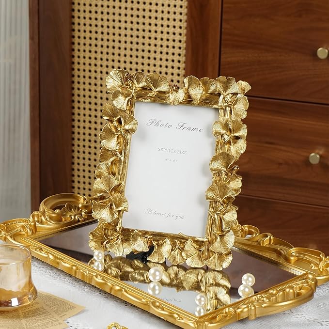 Cuspin Gold Picture Frames 4x6 Vintage Gold Frame, Ornate Leaf Textured Hand-Crafted Resin with Glass Front Antique Photo Frames for Tabletop Display, Retro Design Home Decor