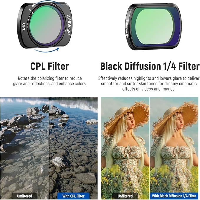 NEEWER Variable ND + CPL + Black Diffusion 1/4 Filter Compatible with DJI Osmo Pocket 3 Creator Combo Accessories, ND2-32, Multicoated HD Filter with 2X Screen Protector & 2X Cleaning Cloth