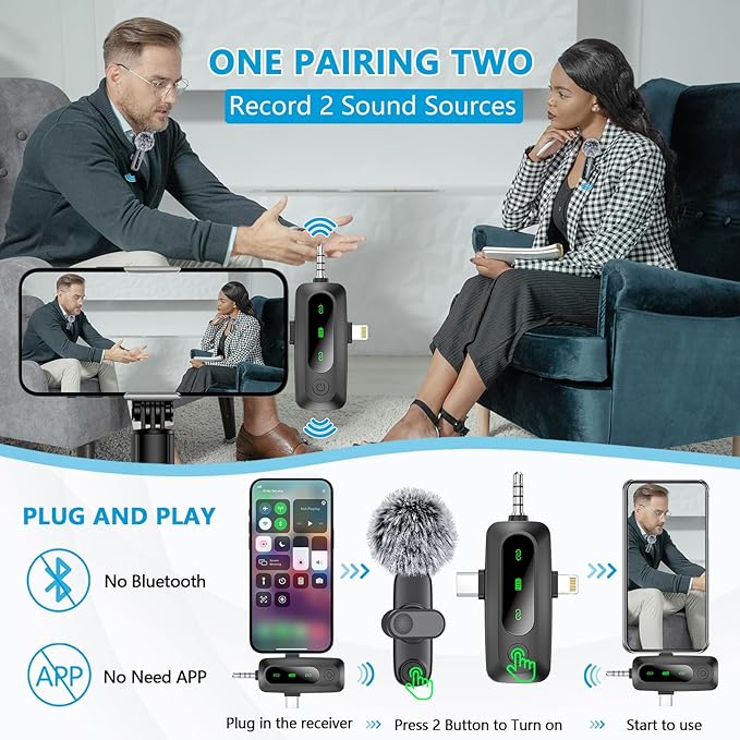 3 in 1 Mini Microphone for iPhone, Android, Camera, LED Display Wireless Lavalier Microphone for Video Recording, Clip on Lapel Lav Mics with Noise Reduction for Interview Vlog YouTube TikTok