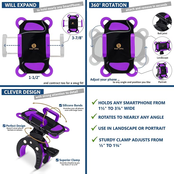 Baby Stroller Phone Holder, Shopping Cart, Golf Cart, Push Cart, Bike Phone Mount, for Motorcycle, Scooter, ATV, Boat, Spin Bike, Treadmill, Handlebar- Universal- iPhone, Cell Phone Clamp (Purple)