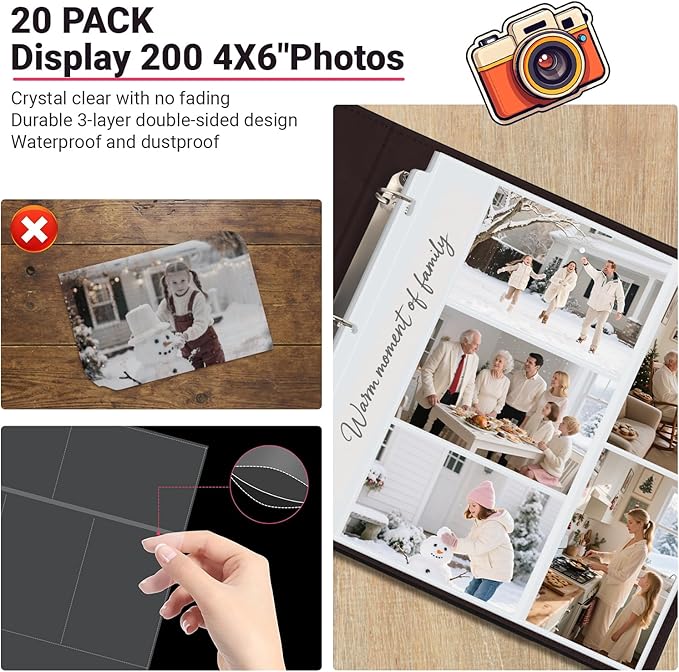 Oversized Photo Album Refill Pages 12x12, Mixed 4x6 Photo Sleeves for 3 Ring Binder, D-Ring Scrapbook Album, Wedding Family Anniversary Baby Travel Book, 20 Acid-Free Page Protectors with 200 Pictures