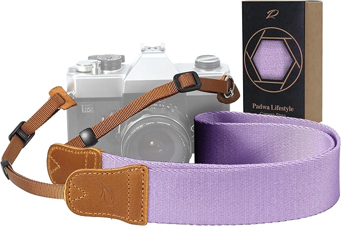 Padwa Lifestyle Light Purple Camera Strap - Double Layer Cowhide Ends,1.5" Wide Pure Cotton Woven Adjustable Universal Camera Straps for All DSLR Cameras,Great Gift for Men & Women Photographers